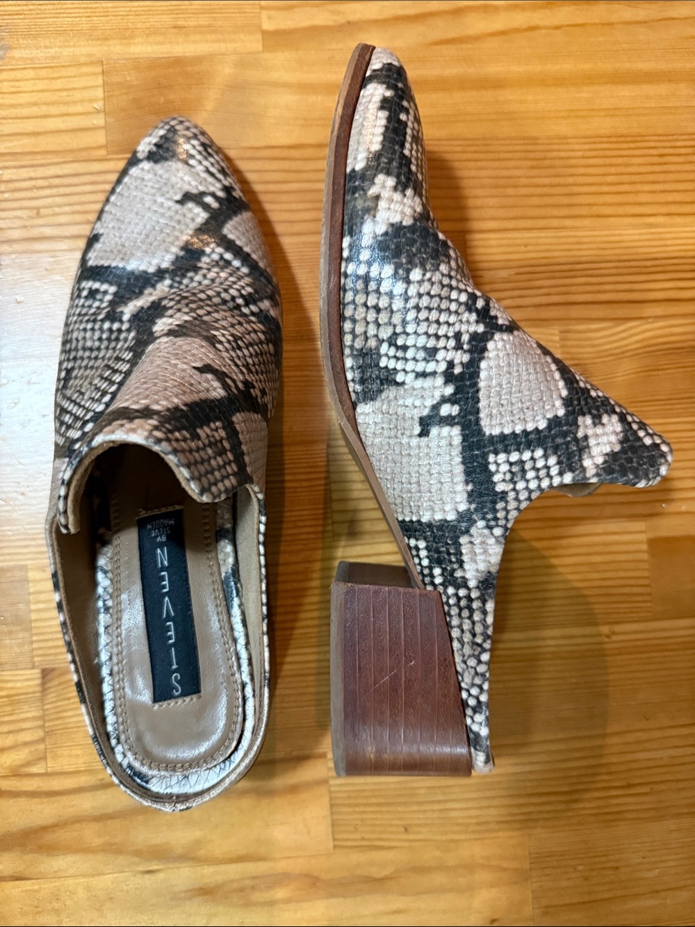 Steven By Steve Madden Snake-Print Pointed Slip-On Mules in Beige and Black